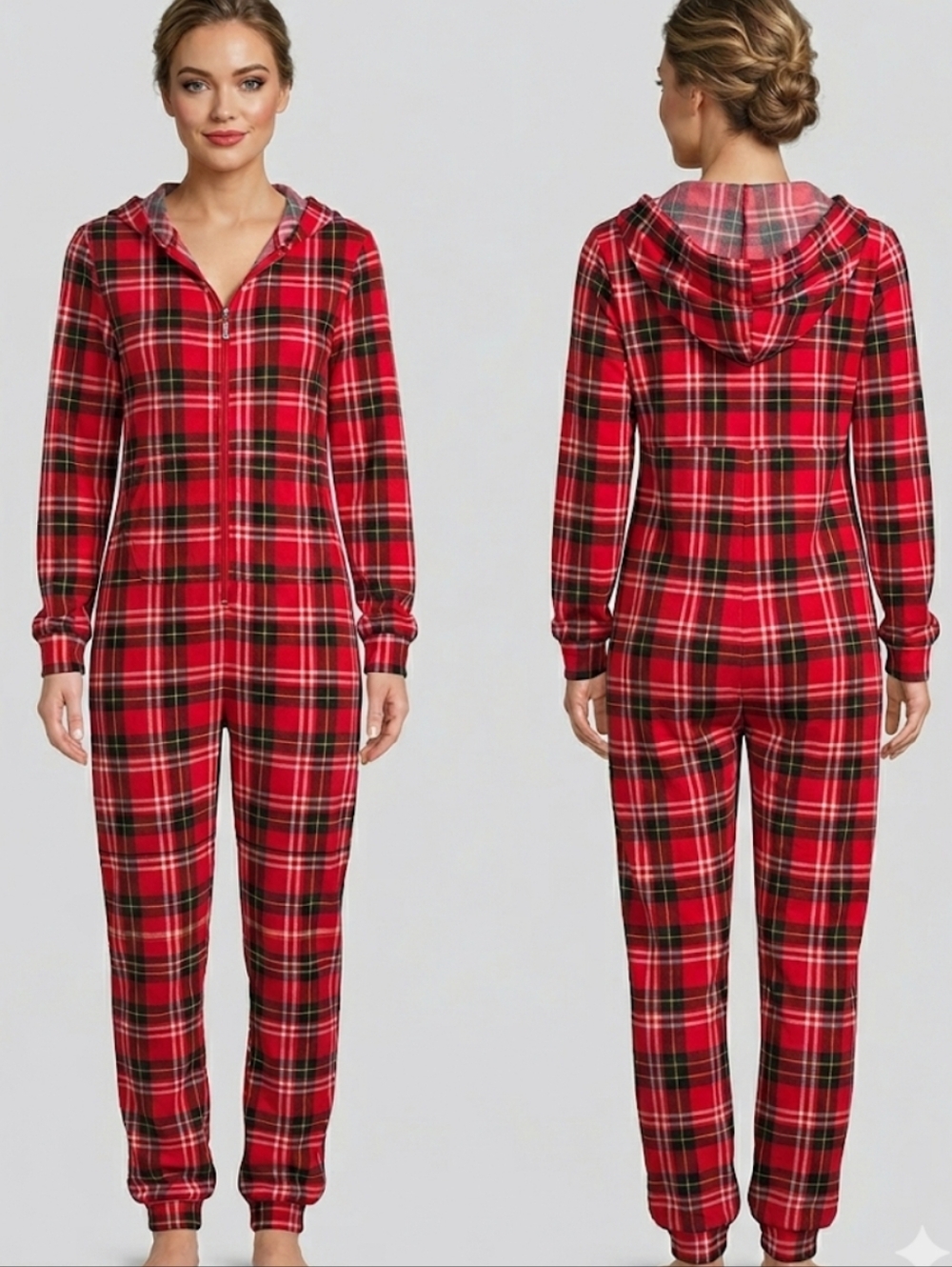 Shosho Red Plaid Hooded Onesie | CozyCore Whimsygoth Holiday Pajamas M